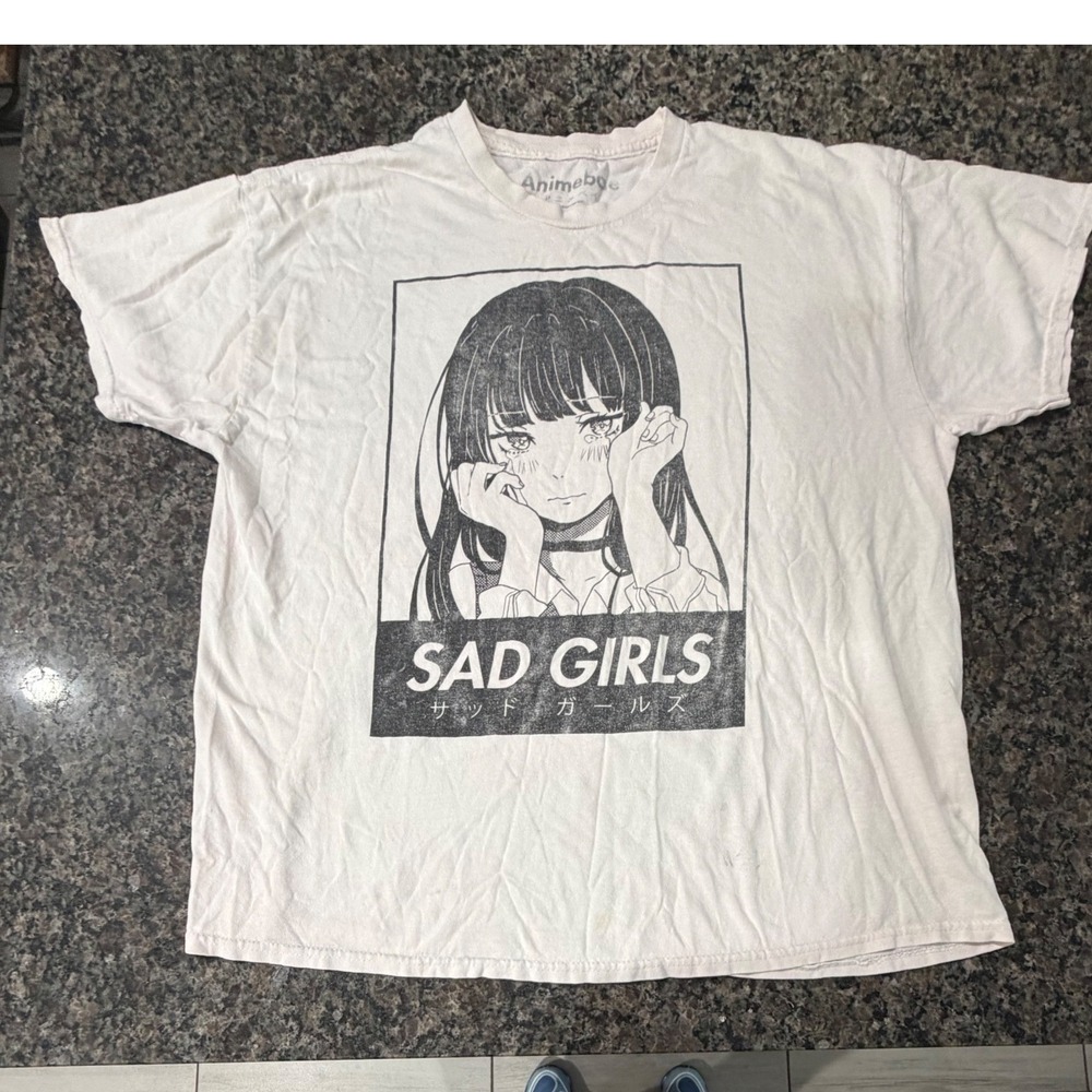 Animebae Sad Girls Manga Graphic T-Shirt White XL Japanese Streetwear Tee